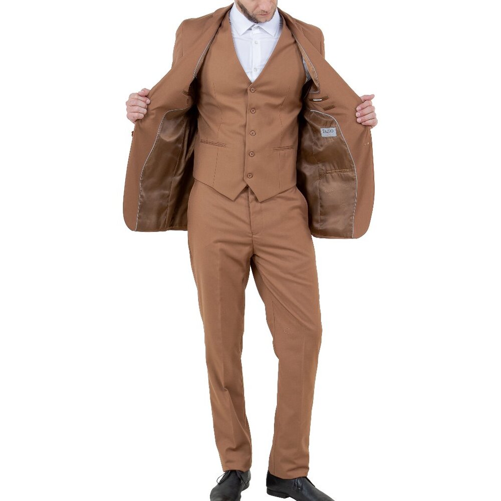 Solid Caramel 3 Piece Slim Fit Tazzio Men's Suit
